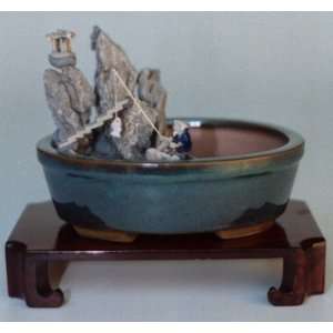  Water/Stone Landscape Scene Ceramic Bonsai Pot   8 x 6 