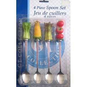  4 Piece Spoon Set w Long Vegetable Design Handles Kitchen 