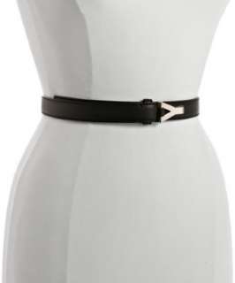 Yves Saint Laurent black leather goldtone Y buckle belt   up 