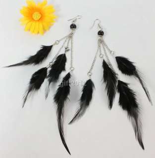   handmade feather plume chain dangle ear hook pierced earrings  