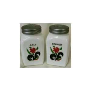  Red Flower White Milk Glass Glass Salt & Pepper Shaker Set 