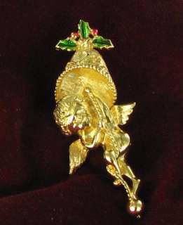 Vintage Xmas angel brooch pin bell holly enamel signed  