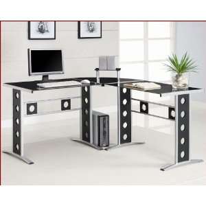  Modern L Shape Desk with Silver Frame & Black Glass 