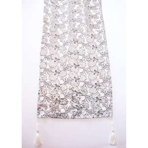    Embroidered Floral Sequin Table Runner Ivory Silver