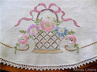 Vintage Round Tablecloth Topper Hand Embroidered Flower Baskets Lace 