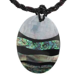 Abalone and Mother of Pearl Pendant with Bead Necklace   41x56mm, Oval 