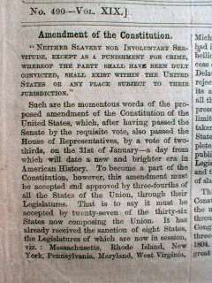   Civil War newspaper CONGRESS passes 13th AMENDMENT outlawing SLAVERY