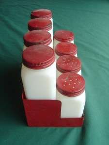 ANTIQUE RED & WHITE MILK GLASS S&P SPICE SET & RACK OLD  