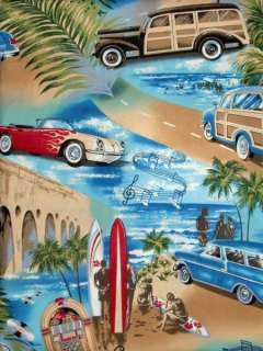   Fabric 1/2 yard 57 wide Cotton/Rayon VINTAGE CARS surf boards  