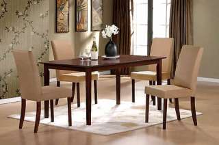  wood veneer in dark cherry brown color side chairs are upholstered in
