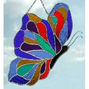  Blue & Orange Stained Glass Butterfly Art   7 x 12