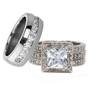   Hers 3 pcs Mens Womens Titanium Cubic Zirconia Wedding Ring Set  