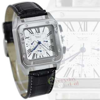 Men White Square Dial Wrist Watch Automatic Roman Number Date/Day 