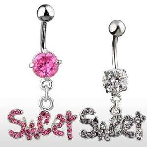 Belly Ring with Clear Gem and Dangle Word Sweet   14G   3/8   Sold 