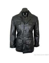 Mens Military Style Black Leather Overcoat L3B